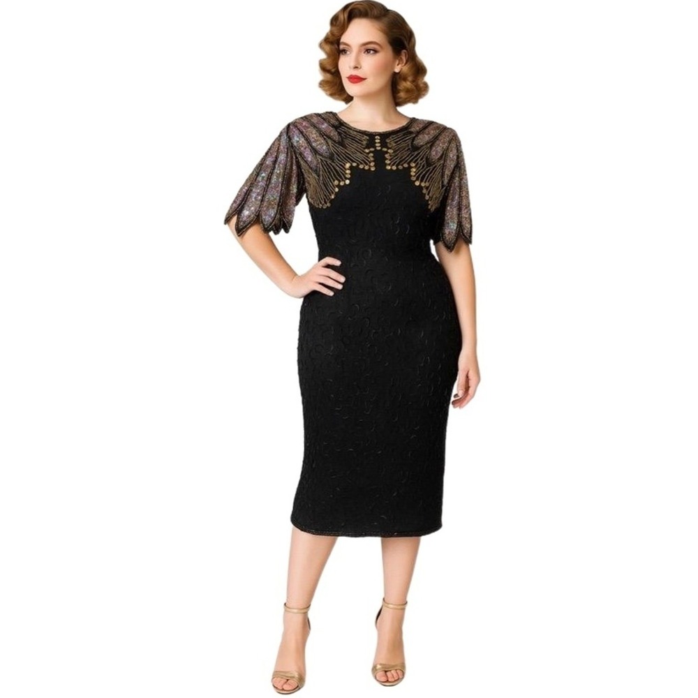 Vintage Carina Dress Womens XS M Hand Beaded Silk Art Deco Sequin Black Gold